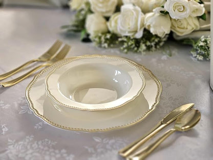 " OCCASIONS " 240 Plates Pack,(120 Guests) Heavyweight Premium Disposable Plastic Plates Set -120 x 10.25'' Dinner + 120 x 7.5'' Salad/Dessert (Rochelle Ivory and Gold)