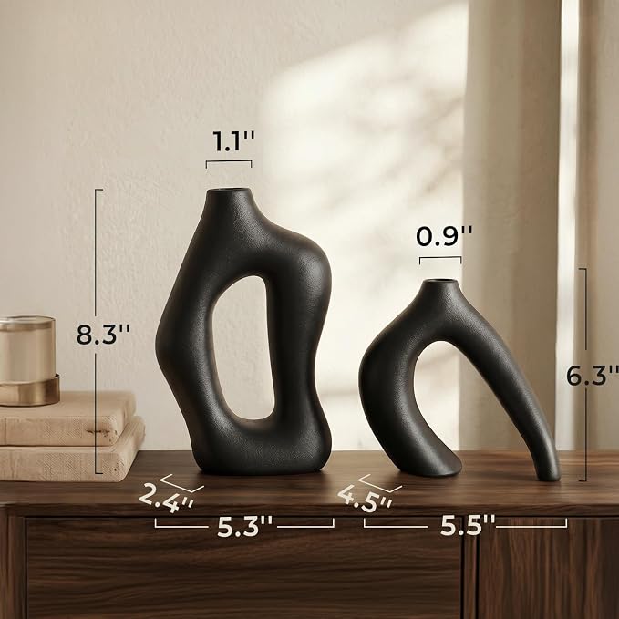 Dowan Black Vases for Decor, Hollow Ceramic Vase Set of 2, 8.3" Nordic Modern - Image 2