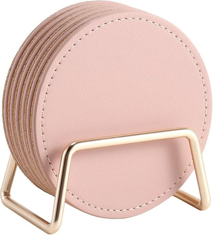 CASEGRACE Drink Coasters with Metal Holder Stand Set of 6, PU Leather Absorbent by Casegrace