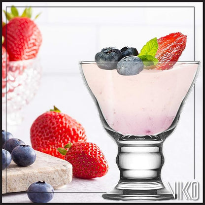Vikko Orion Glass Sundae Bowls: Dessert Cups – For Parfait, Ice Cream, Pudding, Fruit, and More – Set of 6 Thick Large Dessert Dishes - 8.75 ounces - Dishwasher Safe