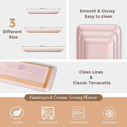 AmorArc Ceramic Serving Platter,Rectangular 16"/14.3"/12.6" inch Serving Dishes for Party Entertaining,Stoneware Serving Trays for Turkey,Salad,Microwave&Dishwasher Safe,Set of 3 -Cloud Pink