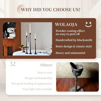 Set of 3 Candle Stick Holders,Iron Black Candlestick Holders, Fits 3/4 inch Thick Candles, Tapered Candle Holders Tall Set for Dining Table, Wedding, Home Decoration