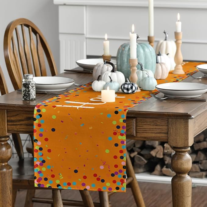 Artoid Mode Polka Dot Orange Happy Birthday Table Runner, Seasonal Fall - Image 3