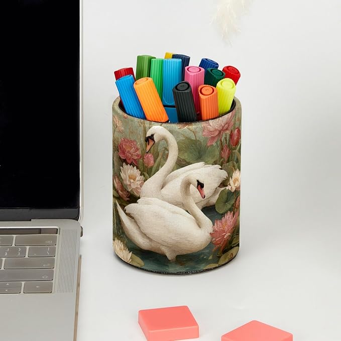 White Swan and Vintage Flowers Leather Pen Holder - Image 5