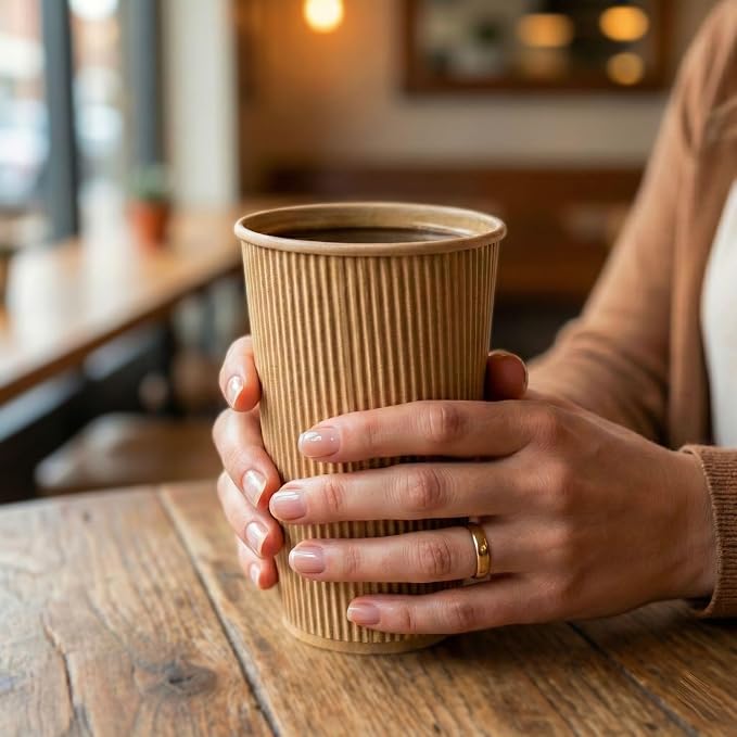 Restaurantware 16 Ounce Ripple Wall Disposable Coffee Cups, 500 Insulated Kraft - Image 5