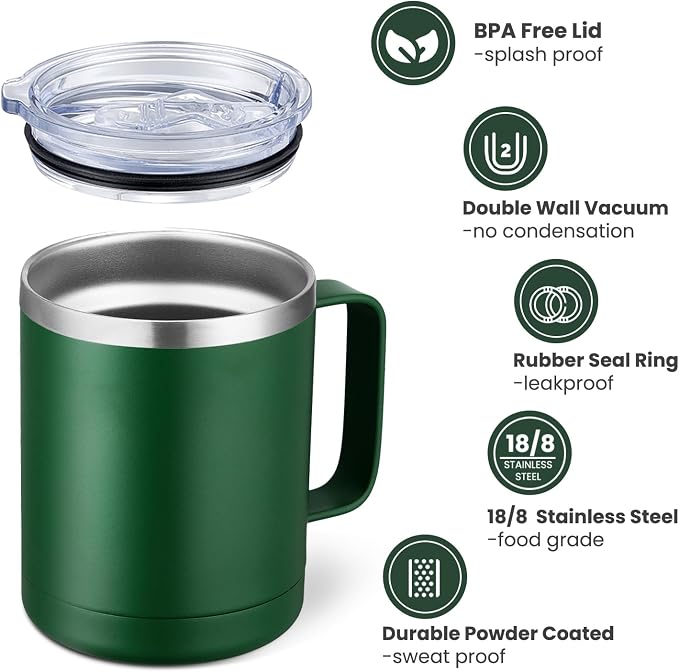 MEWAY 12oz Coffee Mug With Handle and Sliding Lid, Stainless Steel Travel - Image 3