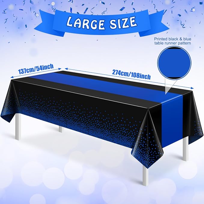 MASHAN 6Pcs Black and Blue Tablecloth Party Decorations, Plastic Black Table - Image 2