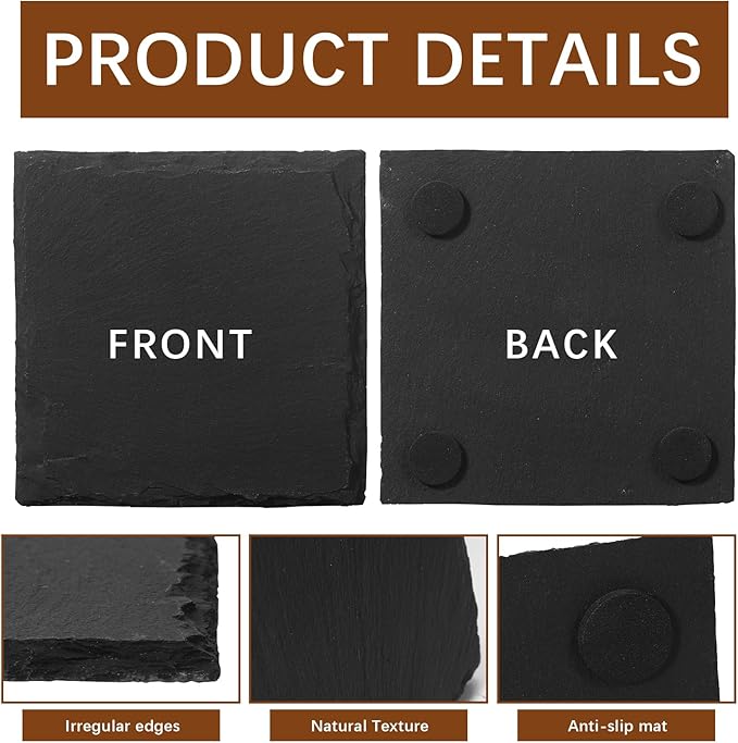 60 PCS Slate Coasters Black Square 4 Inch Bulk Rock, Blank Laser Engraving, Scratch Resistant Bottom, Home Office Kitchen Gift Wedding Bar Party Square Coasters