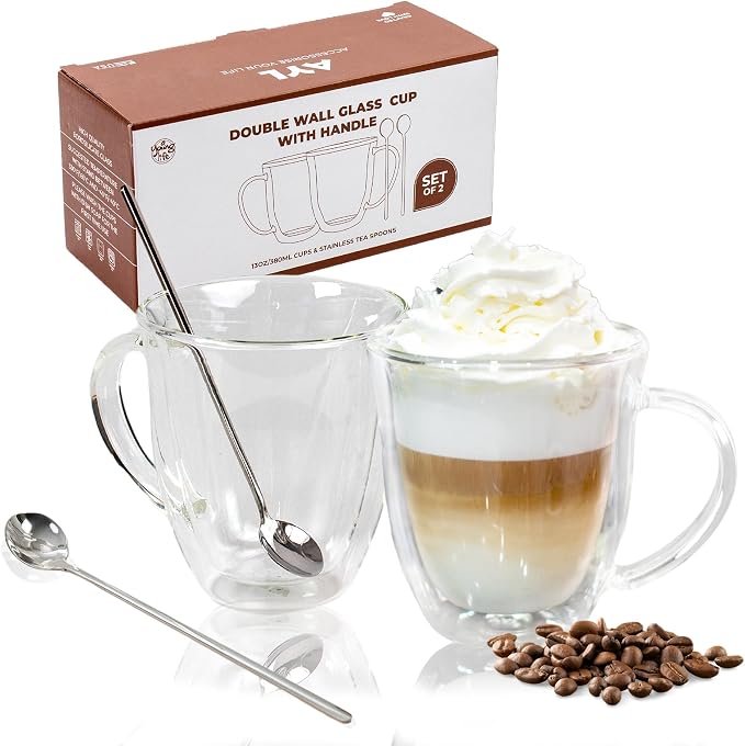 AYL Double Wall Glass Coffee Mugs - 13 oz Insulated Clear Latte Mugs Set of 2 by AYL