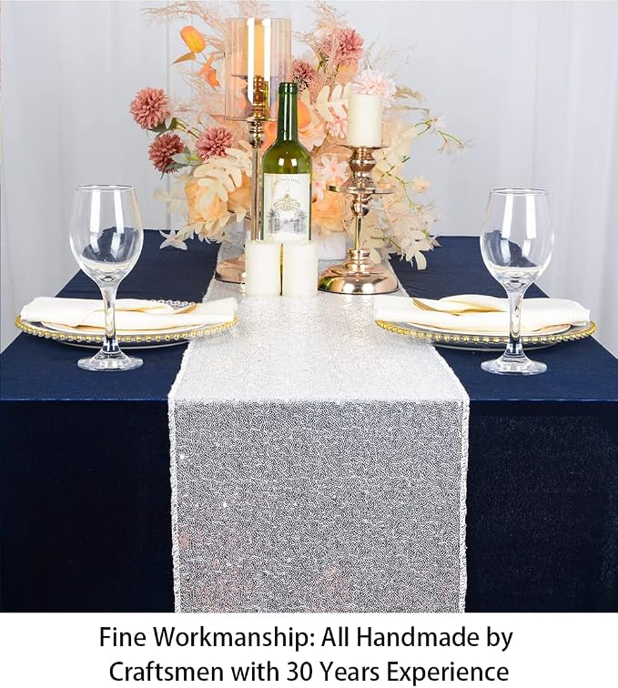 ShiDianYi 12x72-Inch Silver Sequin Table Runner Sparkly Metallic Silver Sequin - Image 3
