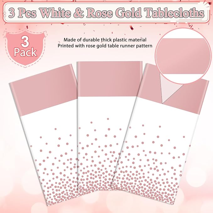 3Pcs White and Rose Gold Tablecloth Party Decorations, Plastic White Table - Image 4