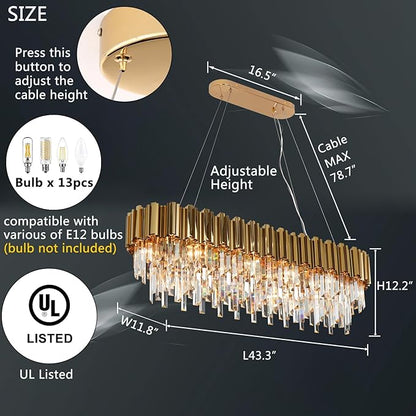 L43.3 Modern Rectangle Crystal Chandelier Gold Linear Pendant Ceiling Light Fixture for Dining Room Contemporary Oval Raindrop Chandeliers Lighting for Kitchen Island 13-Light