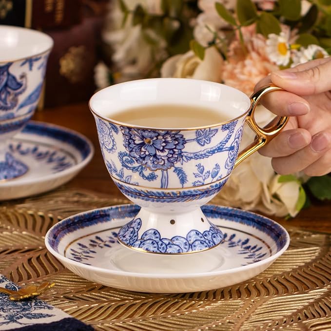 KAMMAK Tea Cups and Saucers Set of 2, Fine Bone China Coffee Cups, 572N | - Image 4