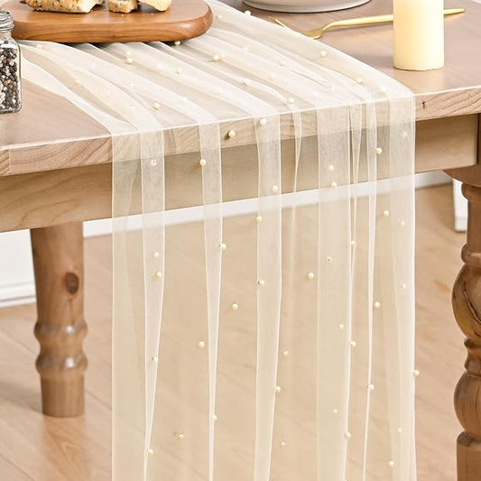 Artoid Mode Pearl Champine Gauze Table Runner 120 Inch 10FT, Seasonal Sheer Dining Holiday Wedding Birthday Baby Shower Table Decor for Home Party