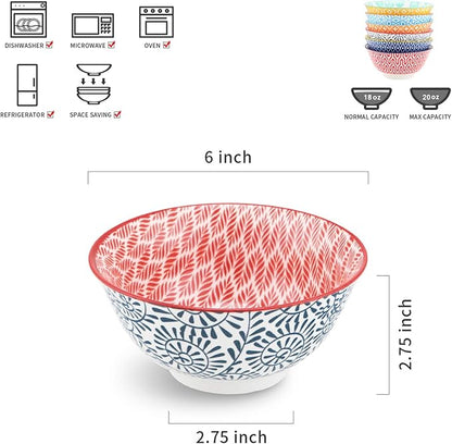 Selamica Porcelain 20oz Cereal Bowl Set - Set of 6, 6 inch Soup Bowls, Ceramic bowls for Cereal, Soup, Salad and Pasta, Colorful bowls