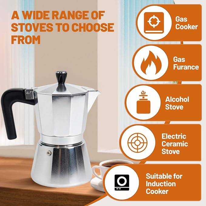 6 Cup Aluminum and Stainless Steel Moka Pot Espresso Stovetop Coffee | Maker - Image 4