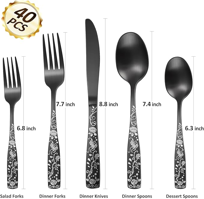 Matte Black Rose Flower Pattern Silverware Set - Image 2