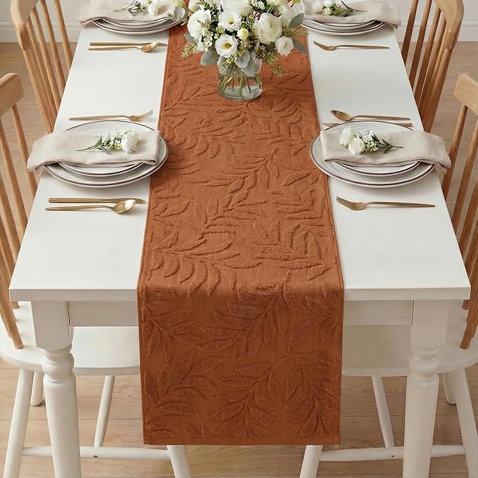 Artoid Mode Caramel Soft 3D Jacquard Leaves 100% Cotton Spring Table Runner - Image 5