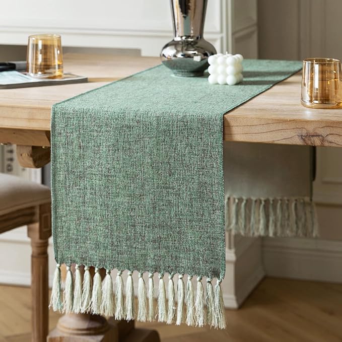 Green Table Runners 72 Inches Long, Burlap Linen Style Rustic Farmhouse Table by ZEEMARTONLINE