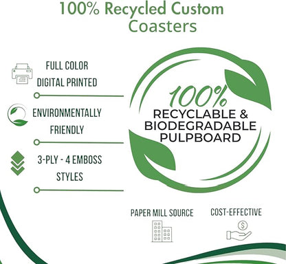 B.E. Green Custom Coasters - Pulpboard Personalized Coasters for Drinks - Full Color Print - Reusable & Absorbent - Beverage Coaster - Promo Events & Celebrations - Pack of 50 - Full Coverage, 4"x 4"