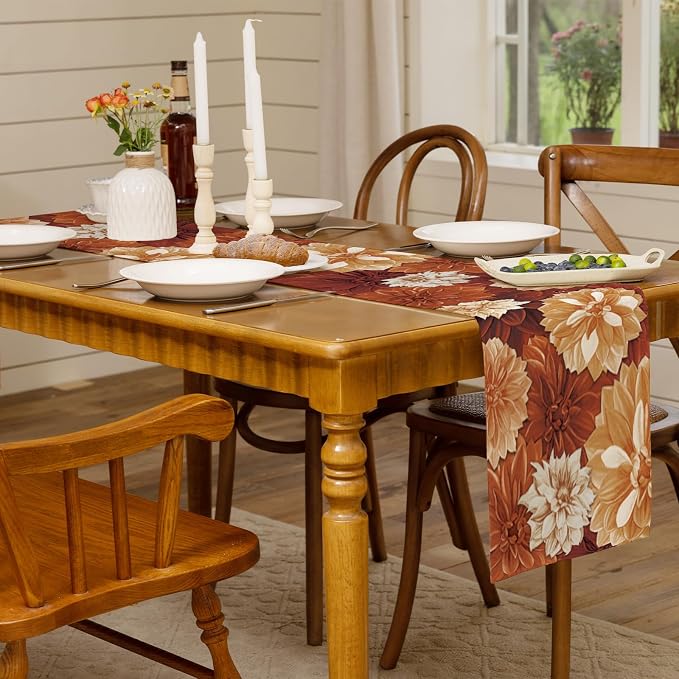 Vintage Orange Dahlia Flower Autumn Table Runner Fall Floral Burlap Table - Image 7
