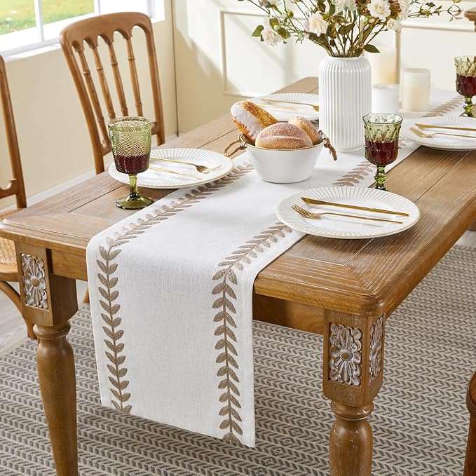 Wracra Embroidered Table Runner, Taupe Table Runners 48 Inches Long | Irregular - Image 2