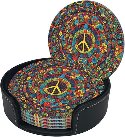 Drink Coasters with Holder Stand Set of 6, Hippies Peace Pu Leather Absorbent - Image 8