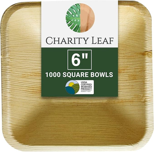 Charity Leaf Disposable Palm Leaf 6" Square Bowl (1000 pcs) Dipping Bowls | Bamboo Like| All Natural and Biodegradable | Charcuterie Boards, BBQs, and Parties