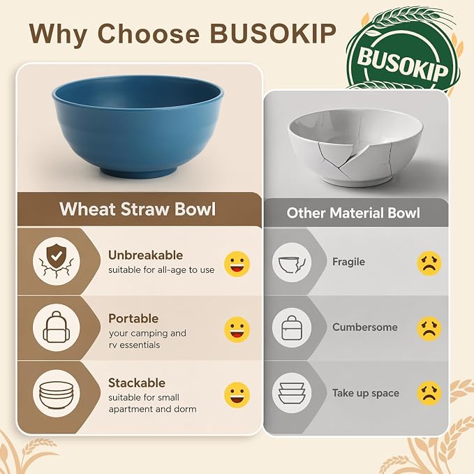 60oz Wheat Straw Bowls Sets of 8, Unbreakable & Stackable Ramen Bowl, Microwave - Image 6