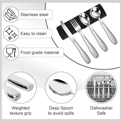 Weighted Utensils for Hand Tremors and Parkinson's Patients - 4 Piece Set of Heavy Stainless Steel Silverware for Elderly, Arthritis, Weak Hand Grip - Includes Knife,Fork,Spoons with Travel Bag,7 Oz
