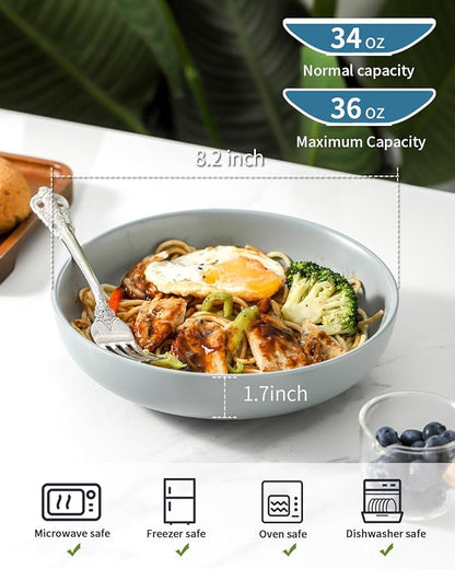 Pasta Bowls – Large Serving Bowls, 34oz Ceramic Plates Set of 2 for Salad, Pasta, Dishes – Microwave Safe, Cooking， Family Dinners, Couples & Parties，Grey
