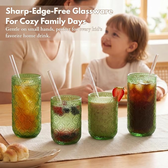 Green Drinking Glasses Set of 8, 12 Oz Highball & 10 Oz Cocktail Glasses - Image 3