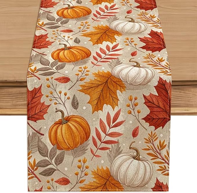Fall Maple Leaf Pumpkin Table Runner, Seasonal Thanksgiving Harvest Farmhouse by Unknown