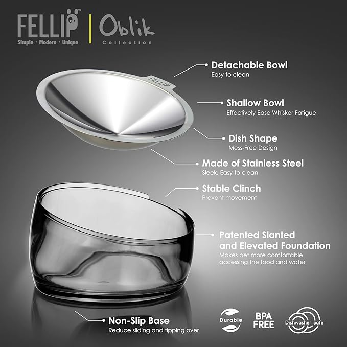 Felli Oblik Elevated Cat Bowl Removable Stainless Steel Wide Dish for Dry Wet Food Feeding & Dishwasher Clean, Slanted Whisker Fatigue Friendly Metal Plate (Smoky, 0.5 Cups Shallow Dish)