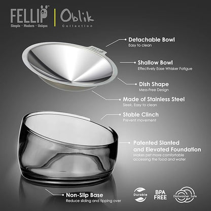 Felli Oblik Elevated Cat Bowl Removable Stainless Steel Wide Dish for Dry Wet Food Feeding & Dishwasher Clean, Slanted Whisker Fatigue Friendly Metal Plate (Smoky, 0.5 Cups Shallow Dish)
