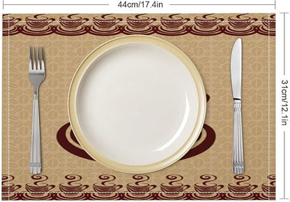 Vintage Coffee Theme Placemat Set, Minimal Rustic Farmhouse Brown Beige Geometric Coffee Cup Beans Seamless Pattern Home Decor Linen Table Mats for Dining Room Kitchen Party (17x12in) x6P