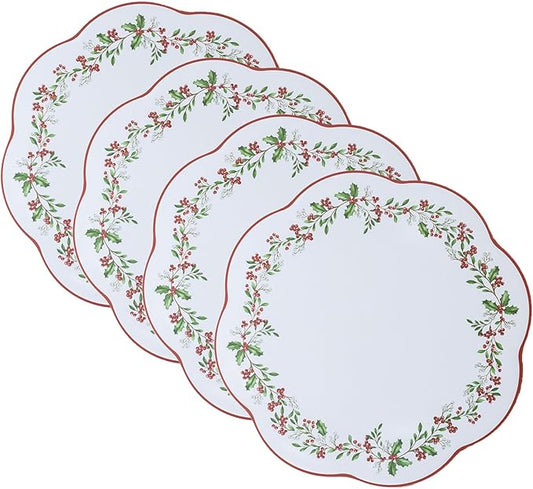 Benson Mills Cork Placemats Set of 4, Thick Cork Place Mats for Kitchen and Dining Tables, Easy Clean Table Mats for Christmas, Winter and Holidays (13.75" Round Set of 4, Holly Wreath)
