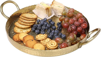 MyGift 12-inch Brass Metal Round Decorative Tray with Handcrafted Hammered Design, Large Centerpiece Display Serving Tray - Handmade in India