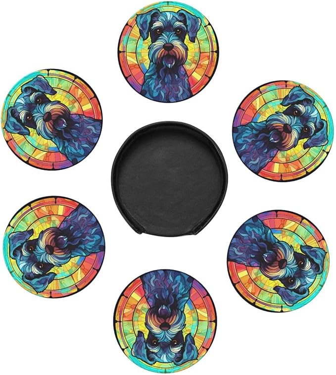 Miniature Schnauzer Stained Dog Breed Glass Art Leather Drinks Coasters - Image 2