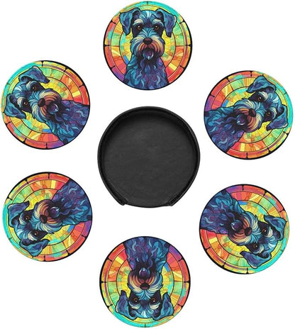 Miniature Schnauzer Stained Dog Breed Glass Art Leather Drinks Coasters - Image 2