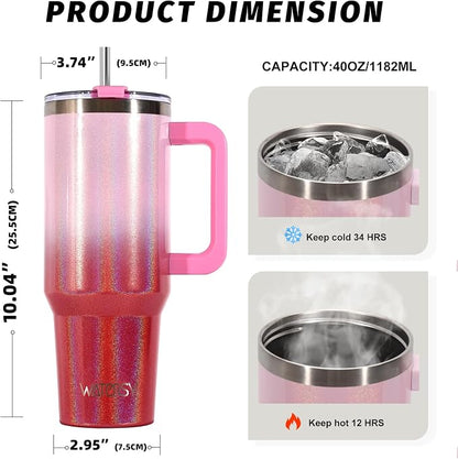 40 oz Shiny Tumbler with Handle and Straw, Stainless Steel Tumbler with Lid and - Image 2