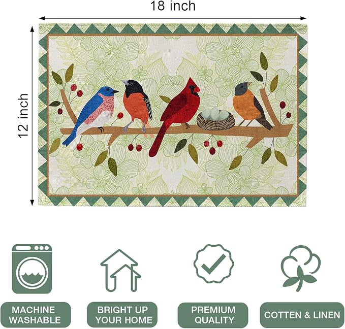 Seliem Spring Birds Tree Branches Placemats Set of 4 | Cardinal Bluebird - Image 2