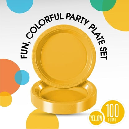 Yellow Plastic Plates For Party 9" Yellow Disposable Plates Heavy Duty 100 Pcs Plastic Dinnerware Sets Heavy Duty 350 GSM Disposable Dinnerware Set