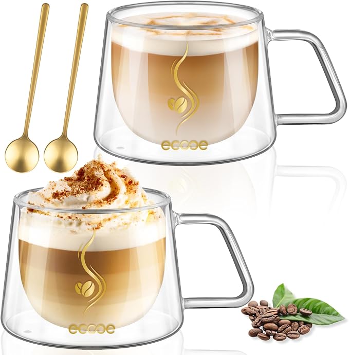 ecooe Double Walled Glass Coffee Mug 12oz Cappuccino Latte Macchiato Cups Set by ecooe