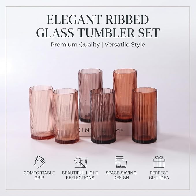 Physkoa 6 Piece 16oz Brown Ribbed Glassware Set | Vintage Drinking Glasses in - Image 5