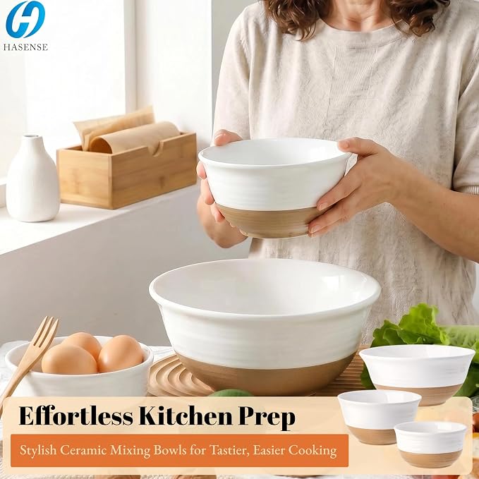 HASENSE Ceramic Serving Bowls, Large Salad Pasta Mixing Bowls Set, 2.1/1.0/0.5 - Image 2