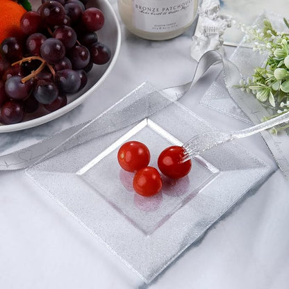 DaYammi 200Pcs Dessert Plates Set Including:100Pcs Cake Plates 6" with 100Pcs Silver Forks 5.7"- Silver Glitter Disposable Square Plate,Appetizer Plates and Forks Combo Bulk Set for Party Wedding
