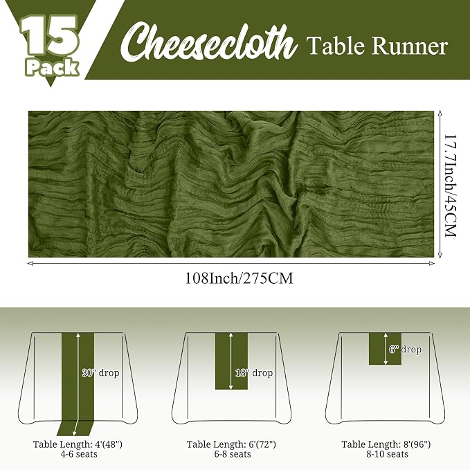 15 Pack Olive Green Table Runner 17 x 108inch Cheesecloth Table Runner Boho - Image 2