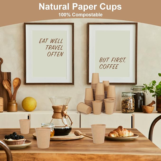 Disposable Cups, 100 Pack 8 Oz Kraft Paper Cups, Paper Coffee Cups, Disposable - Image 7