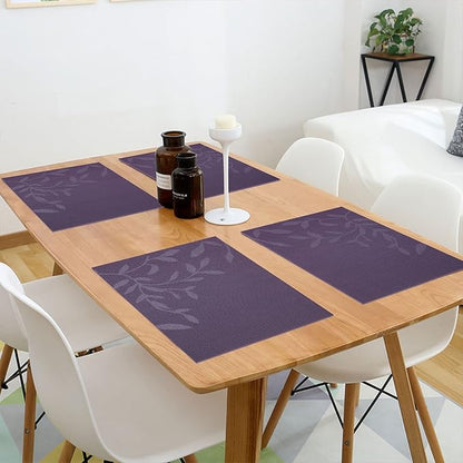SHACOS Woven Vinyl Placemats Set of 4 Purple Leaf Pattern Place Mats Wipe Clean Durable PVC Heat Resistant Table Mats (4, Leaf Purple)